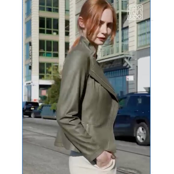 Clara Sun Woo Signature Liquid Leather Moto Jacket in Olive Size XS - Picture 9 of 9